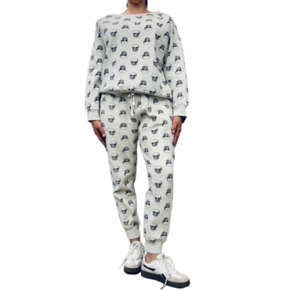 Women’s Jogger Lounging Set, Heather Gray with Skull Print, Cotton Blend, Sz-XL - Picture 2 of 13